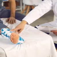 Male Doctor Examines the Patient with an Injured Broken Leg on the Hospital Bed