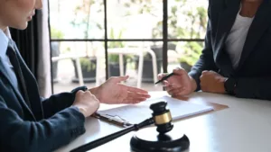 Female Lawyer Explaining Terms, and Conditions on a Legal Document to the Client Before Signing on Contract at a Law Firm