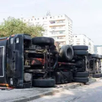 View of the Rear Wheels of an Overturned Truck on a Small Street in an Accident