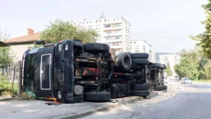 View of the Rear Wheels of an Overturned Truck on a Small Street in an Accident