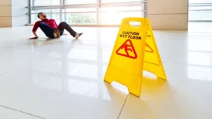 Man Slips Falling on the Wet Floor Next to the Wet Floor Caution Sign